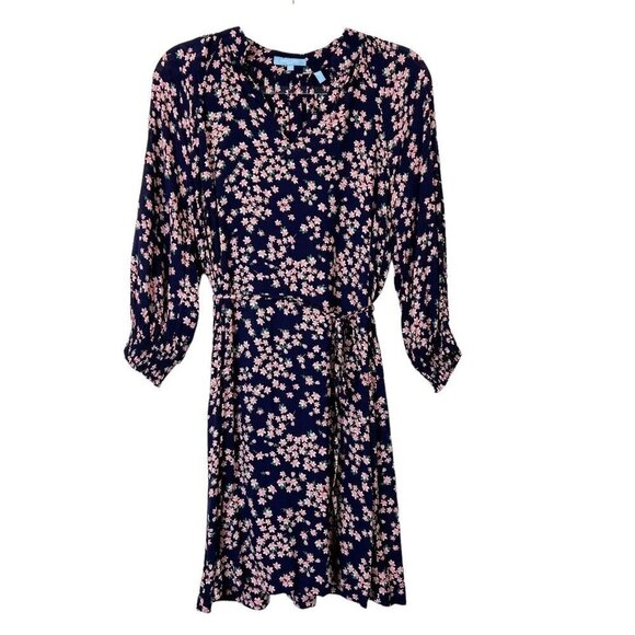 Draper James Navy Pink Floral Dress Women’s Size Small Tie Waist - Picture 1 of 12